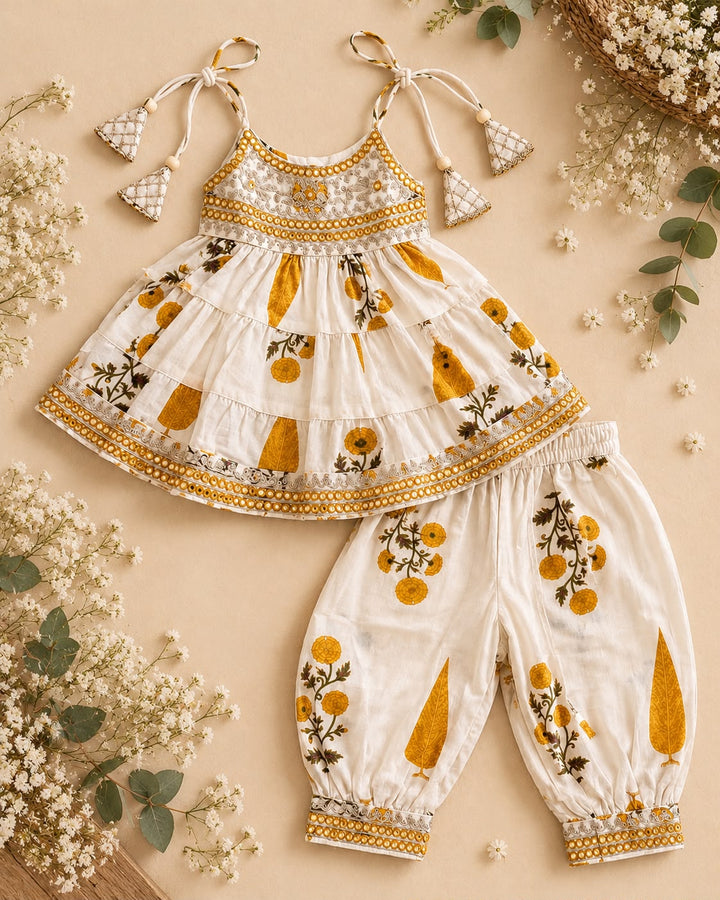 Ivory Marigold Cotton Kurti Afghani Set