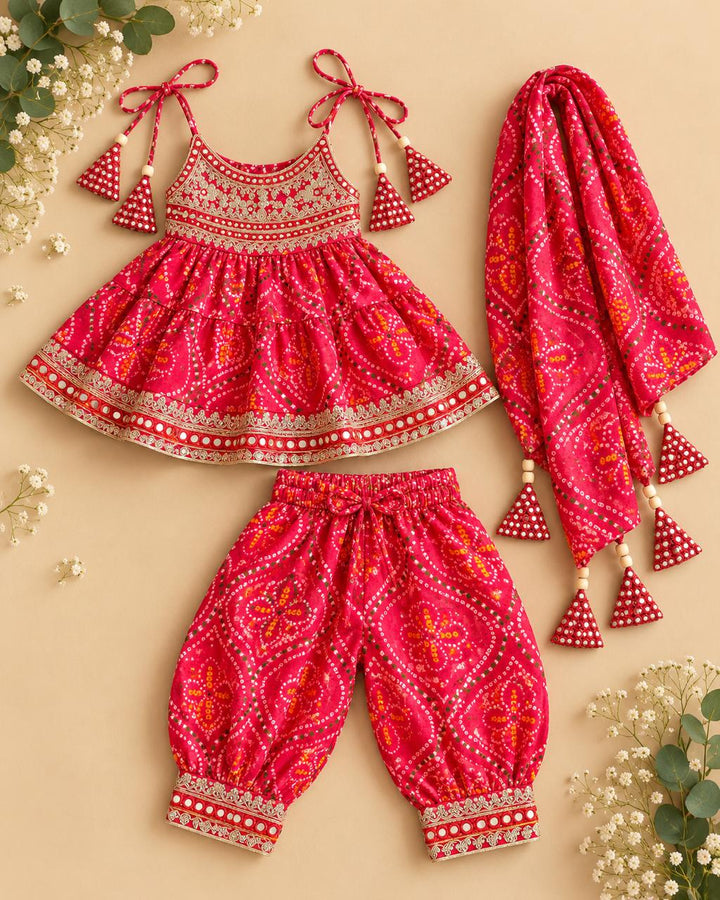 Ruby Red Bandhani Muslin Kurti Afghani Set with Dupatta