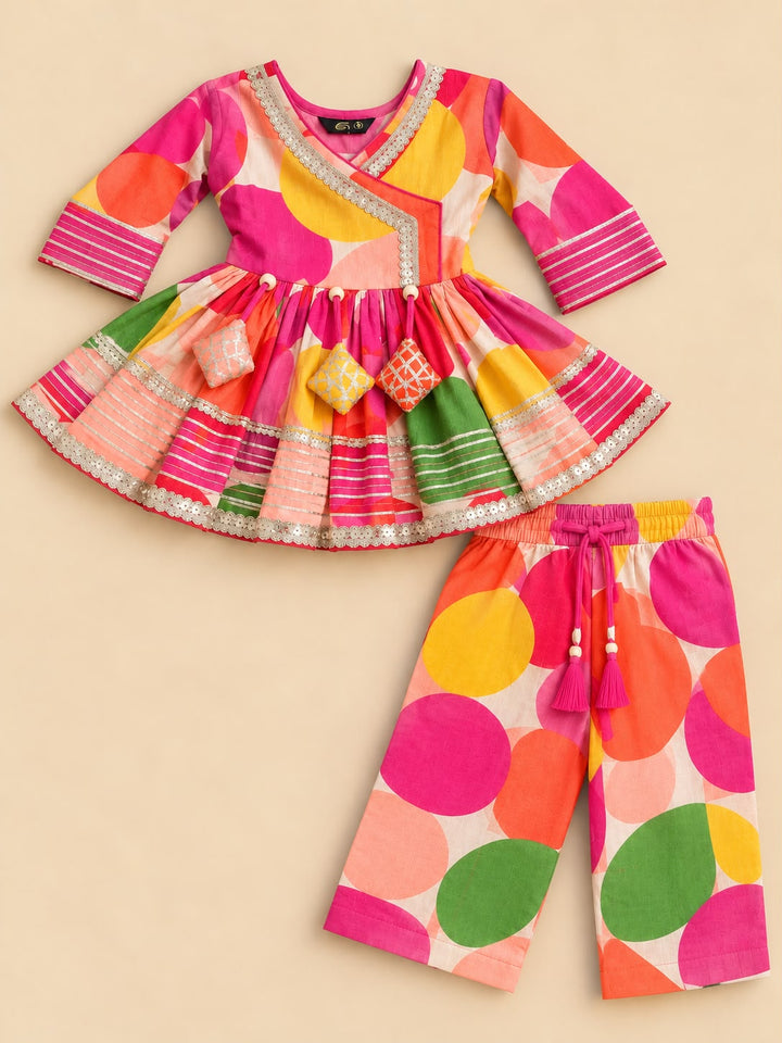 Candy Pop Polka Cotton Angrakha Kurti Pant Set