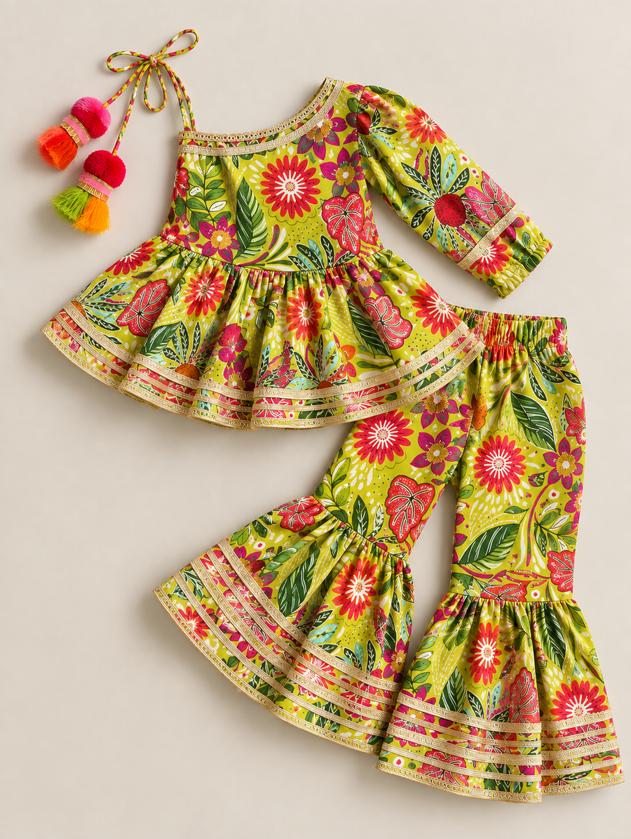 One Shoulder Peplum Dress — Yellow-Green
