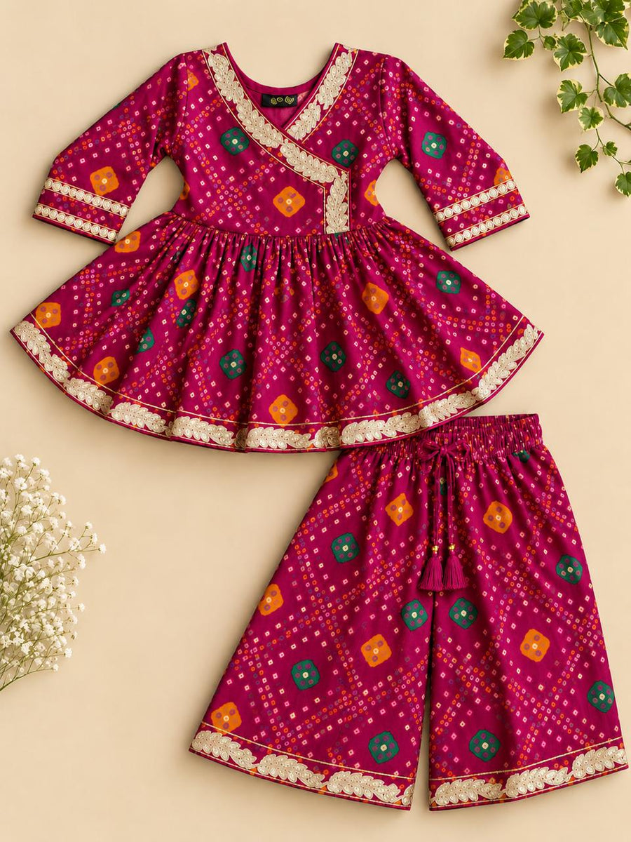 Magenta Pink bandhani muslin angrakha peplum kurti with zardosi work and matching palazzo for girls