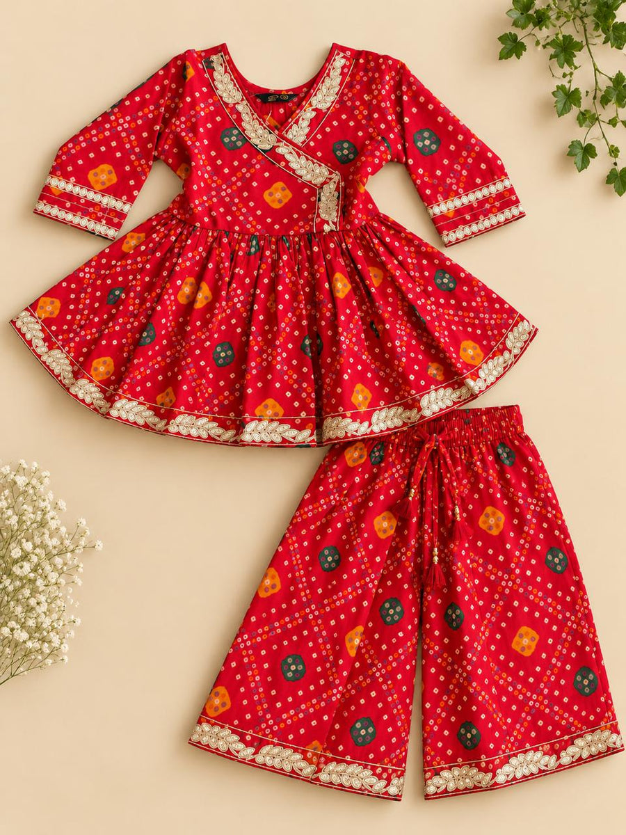 Kum Kum Red bandhani muslin angrakha peplum kurti with zardosi work and matching palazzo for girls