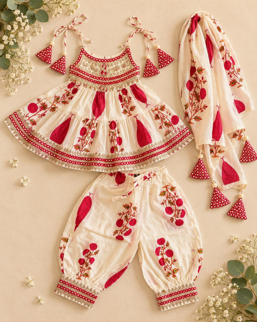 Ivory Jaipuri cotton tie-up kurti with red mirror-work embroidery, afghani pants and dupatta for girls