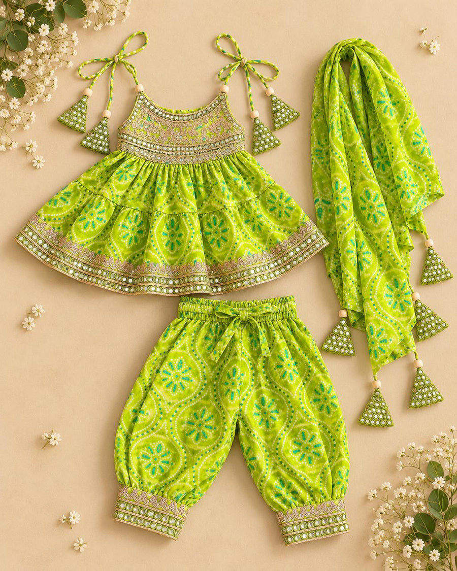 Parrot Green bandhani muslin tie-up kurti with mirror-work embroidery, afghani pants and dupatta for girls