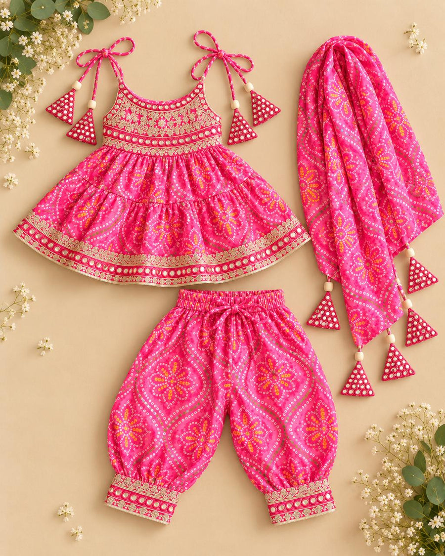 Rani Pink bandhani muslin tie-up kurti with mirror-work embroidery, afghani pants and dupatta for girls