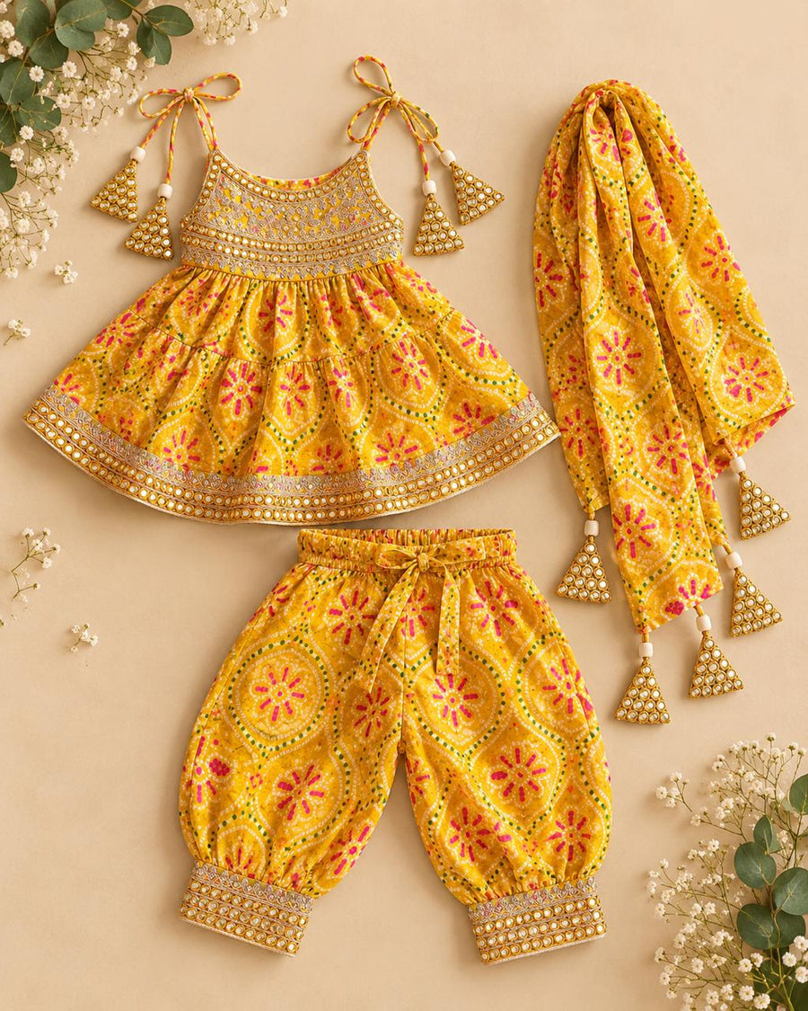 Haldi Yellow bandhani muslin tie-up kurti with mirror-work embroidery, afghani pants and dupatta for girls