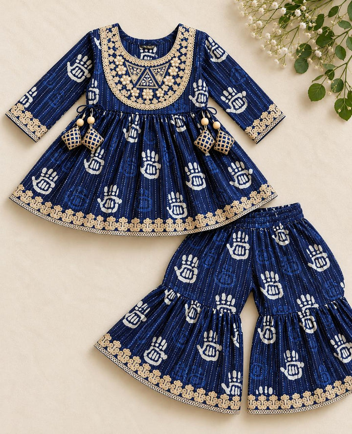 Indigo Hand Motif Jaipuri Cotton Kurti Sharara Set