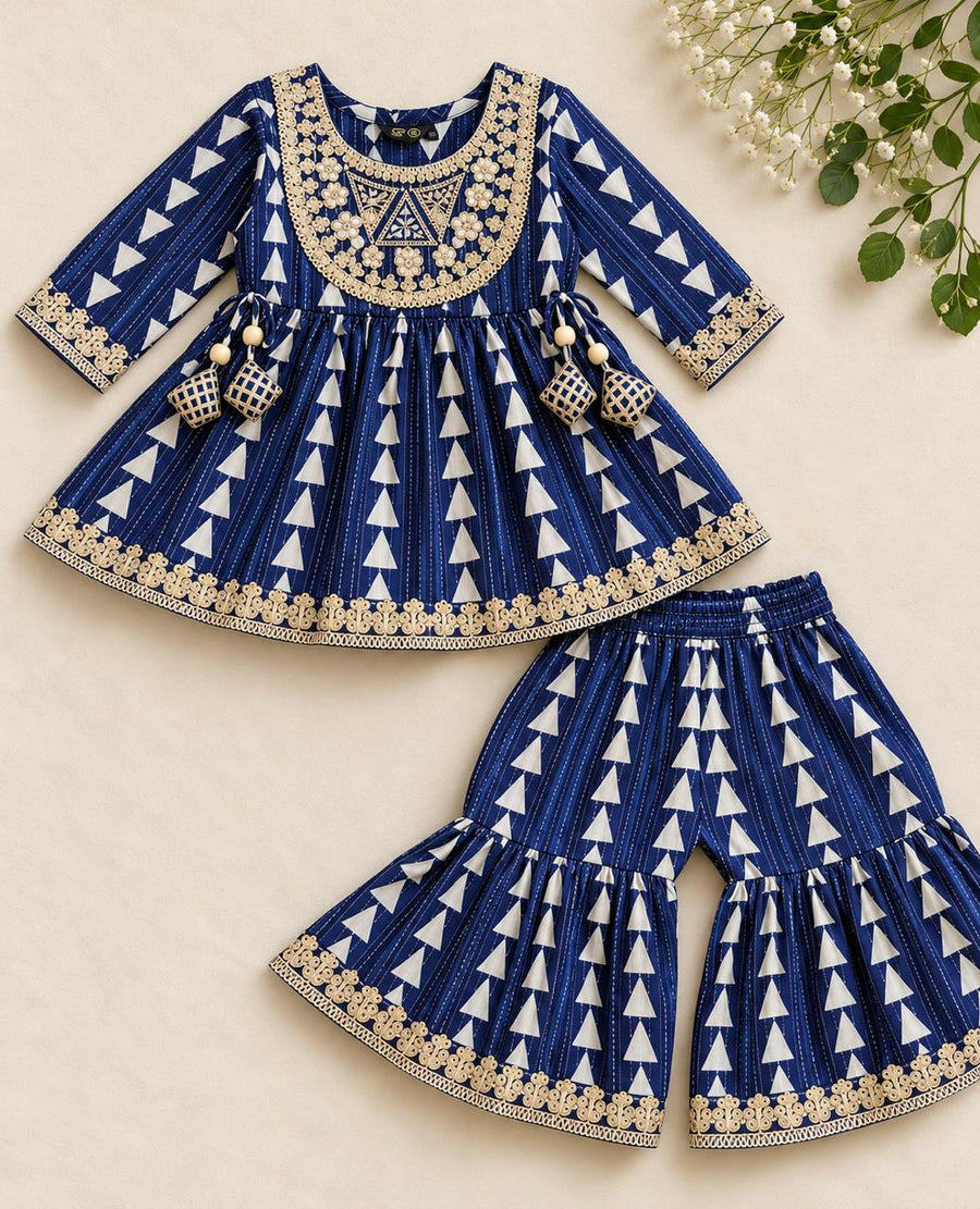 Indigo Jaipuri cotton kurti with ivory triangle print, embroidered yoke and matching tiered sharara for girls