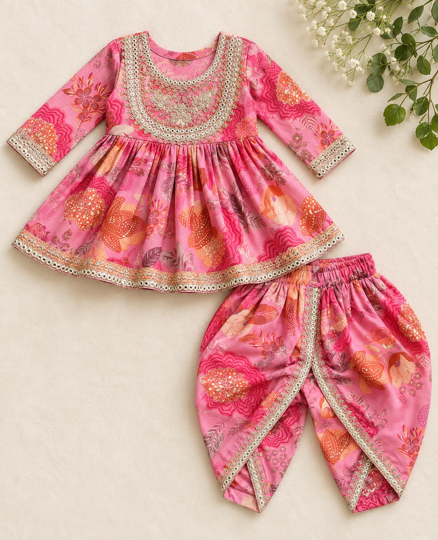 Rose Pink muslin peplum kurti with embroidered yoke and matching tulip pants for girls