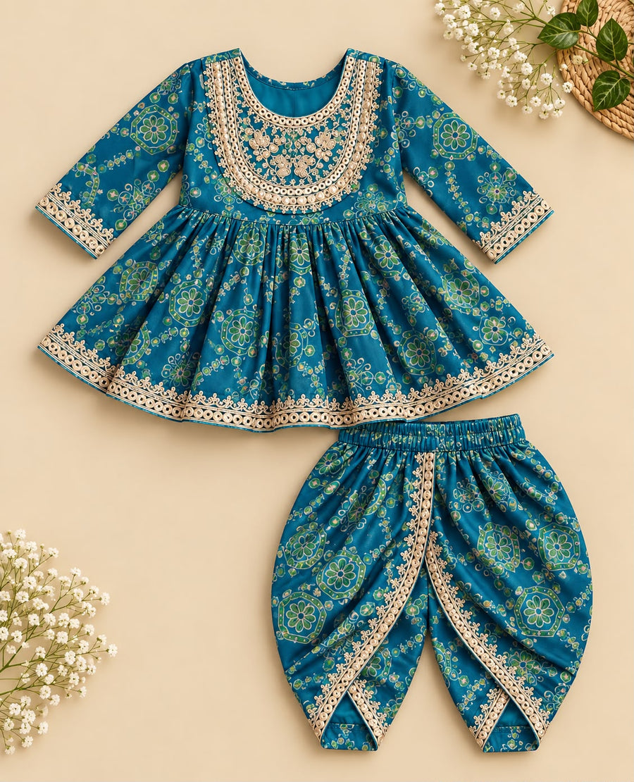 Peacock Blue muslin peplum kurti with embroidered yoke and matching tulip pants for girls