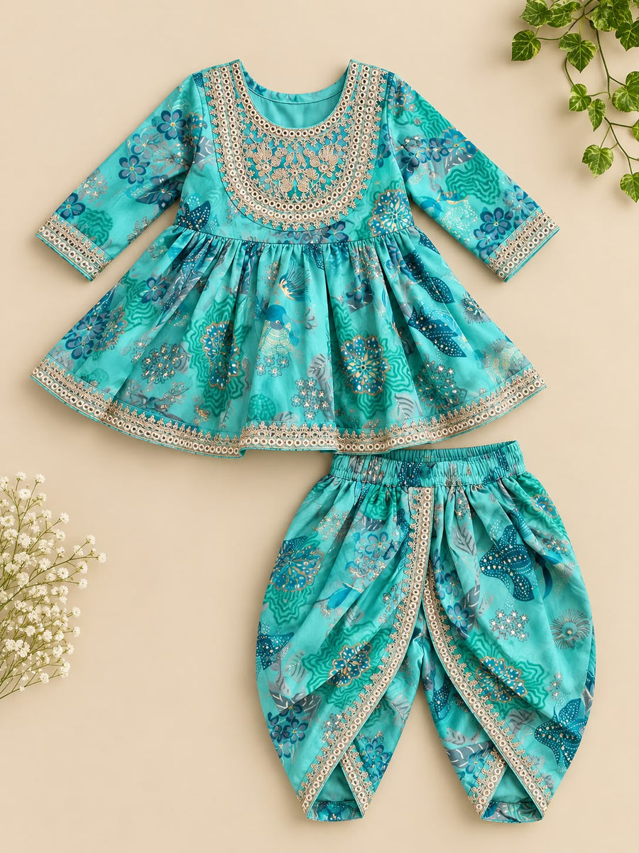 Aqua Teal muslin peplum kurti with embroidered yoke and matching tulip pants for girls