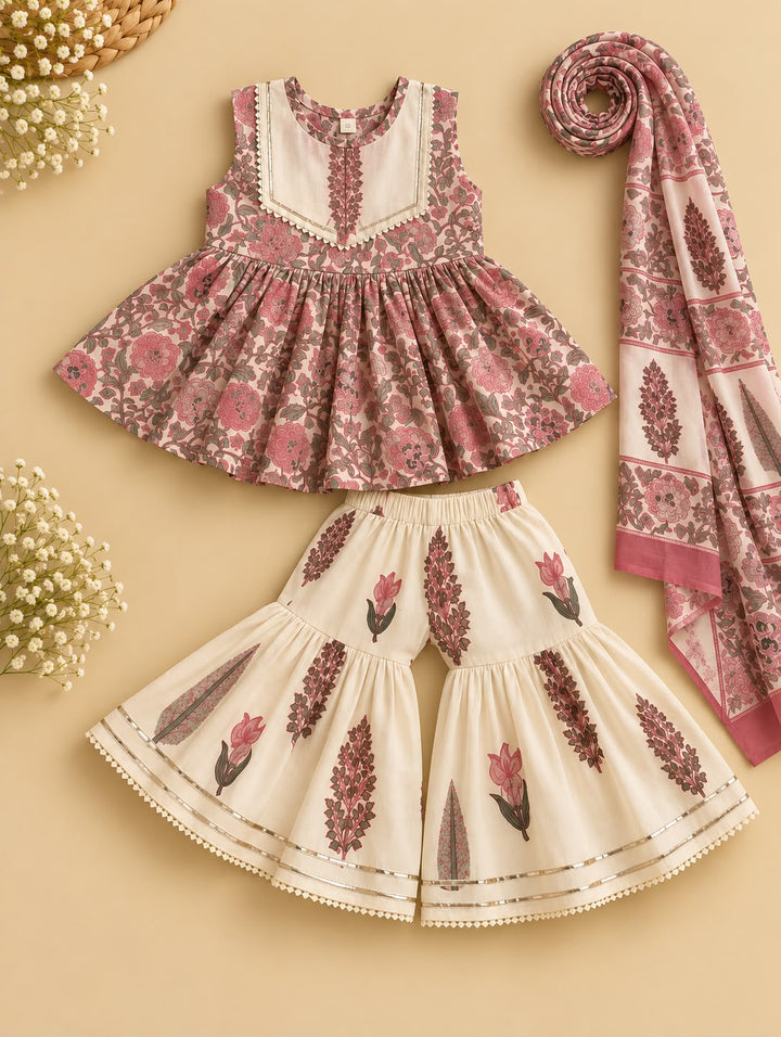 Rose Pink Cotton Kurta Sharara Set with Dupatta