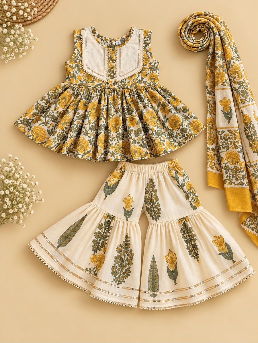 Mustard Yellow floral cotton peplum kurta with cream sharara and printed dupatta for girls