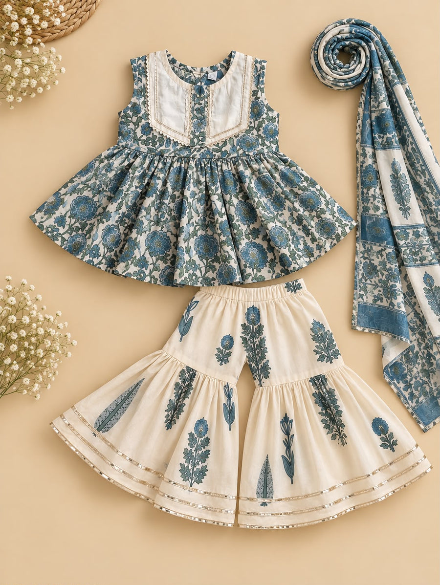 Indigo Blue floral cotton peplum kurta with cream sharara and printed dupatta for girls