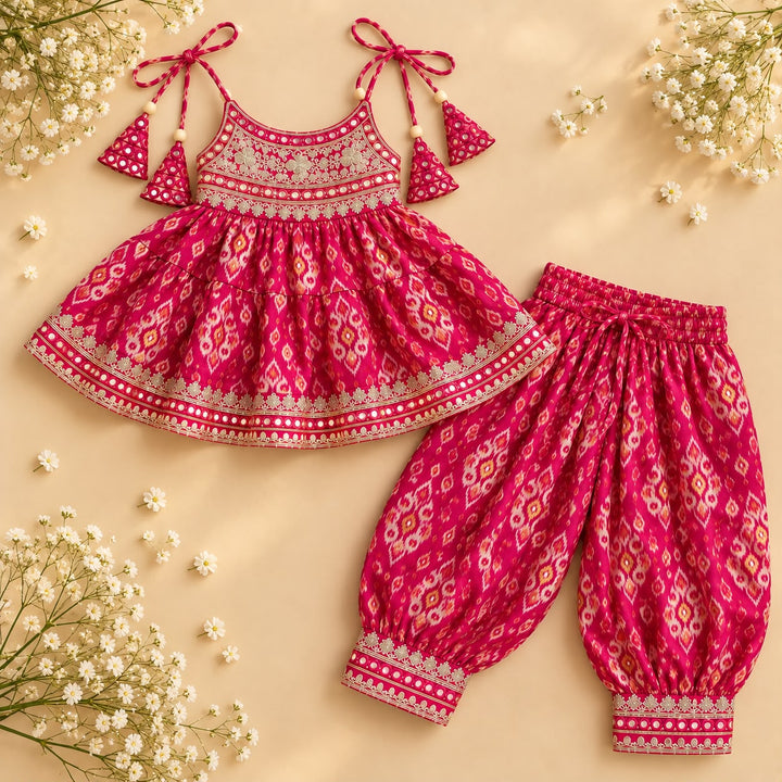 Fuchsia Pink Ikat Muslin Kurti Afghani Set