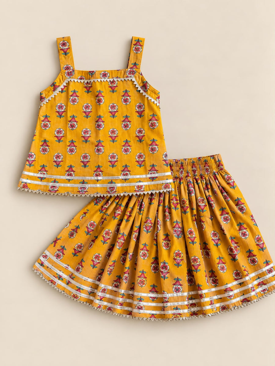 Yellow Floral Butti Cotton Strappy Top and Skirt Set