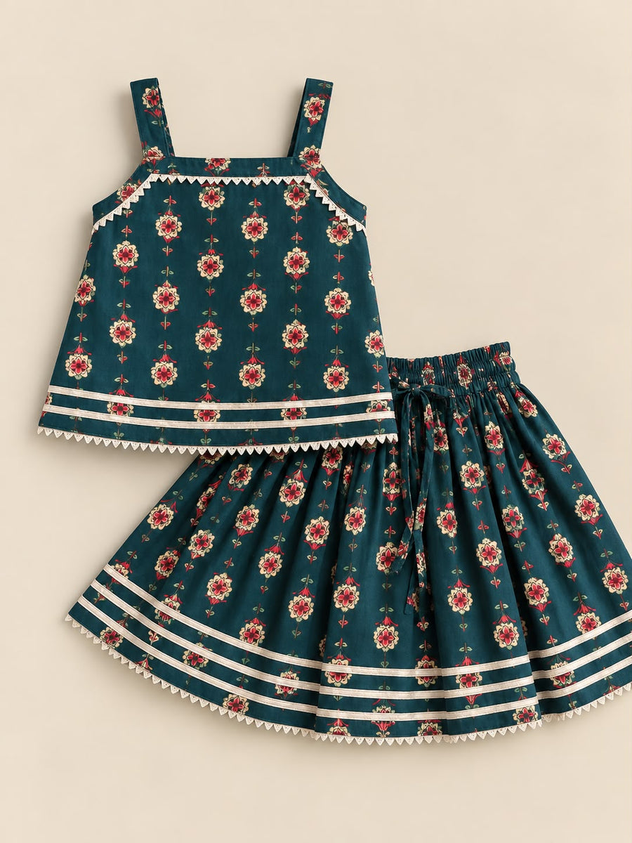 Teal Floral Butti Cotton Strappy Top and Skirt Set