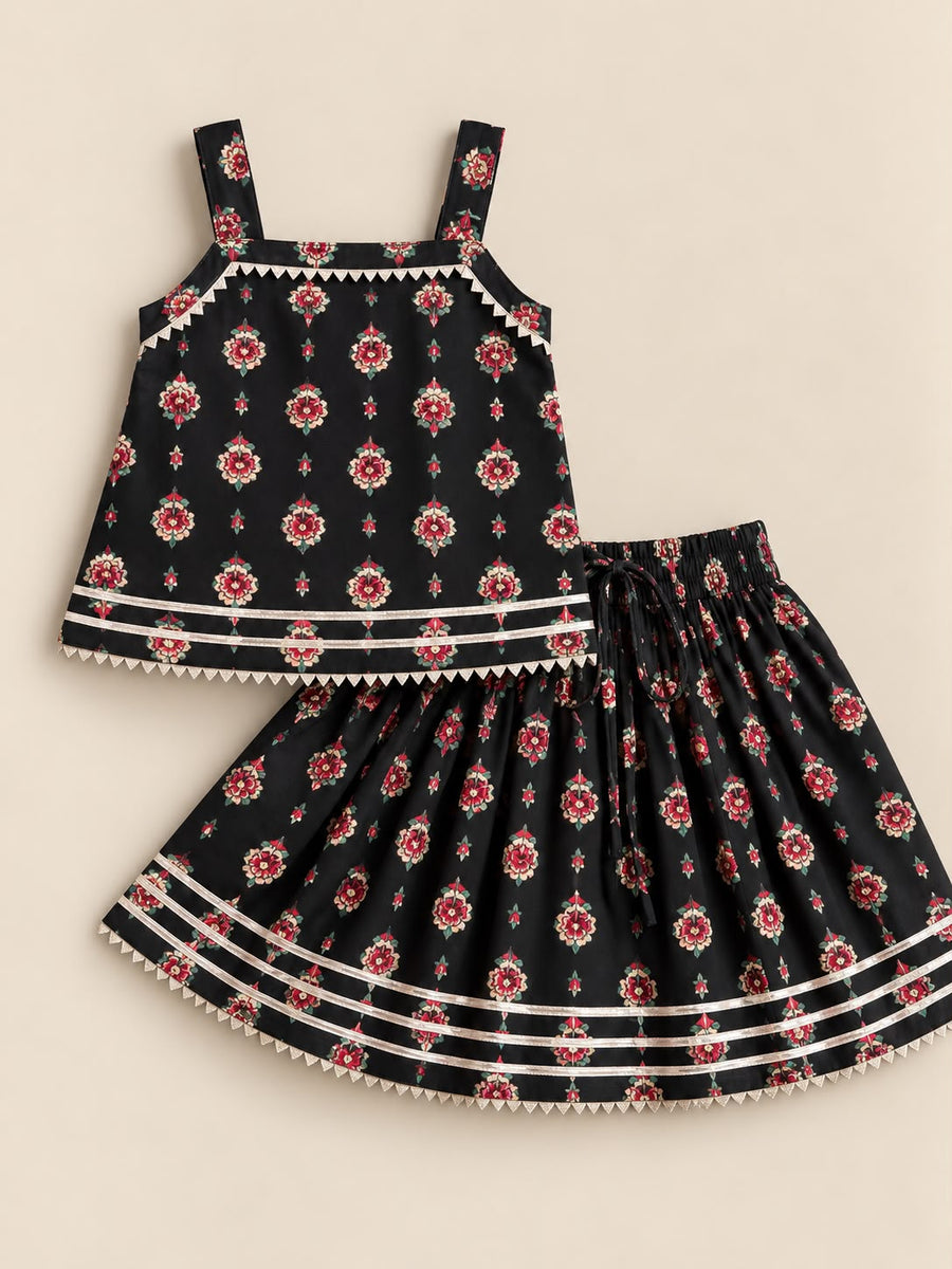 Black Floral Butti Cotton Strappy Top and Skirt Set