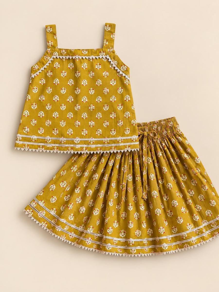Olive Mustard Butti Cotton Strappy Top and Skirt Set