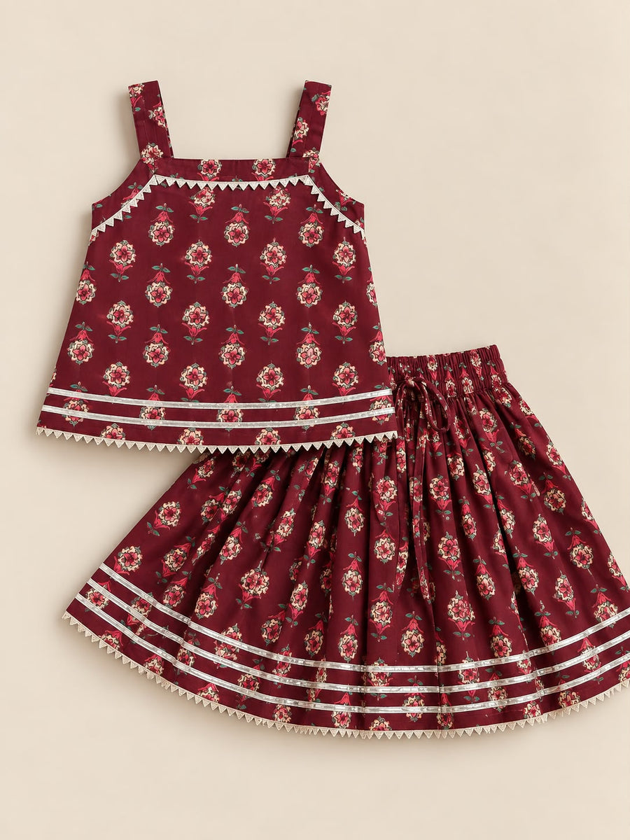 Maroon Floral Butti Cotton Strappy Top and Skirt Set