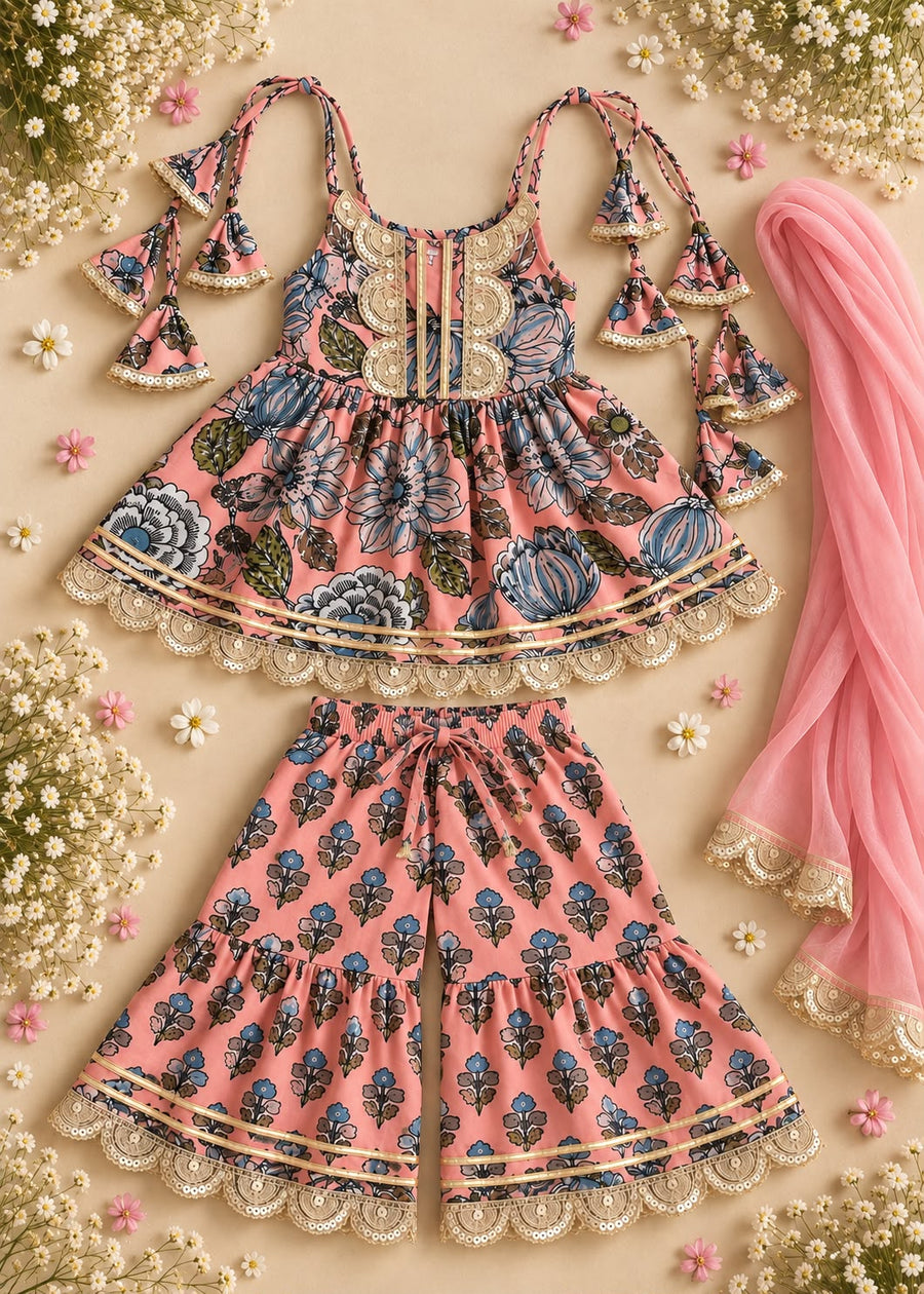 Coral Pink Floral Cotton Kurti Sharara Set with Dupatta