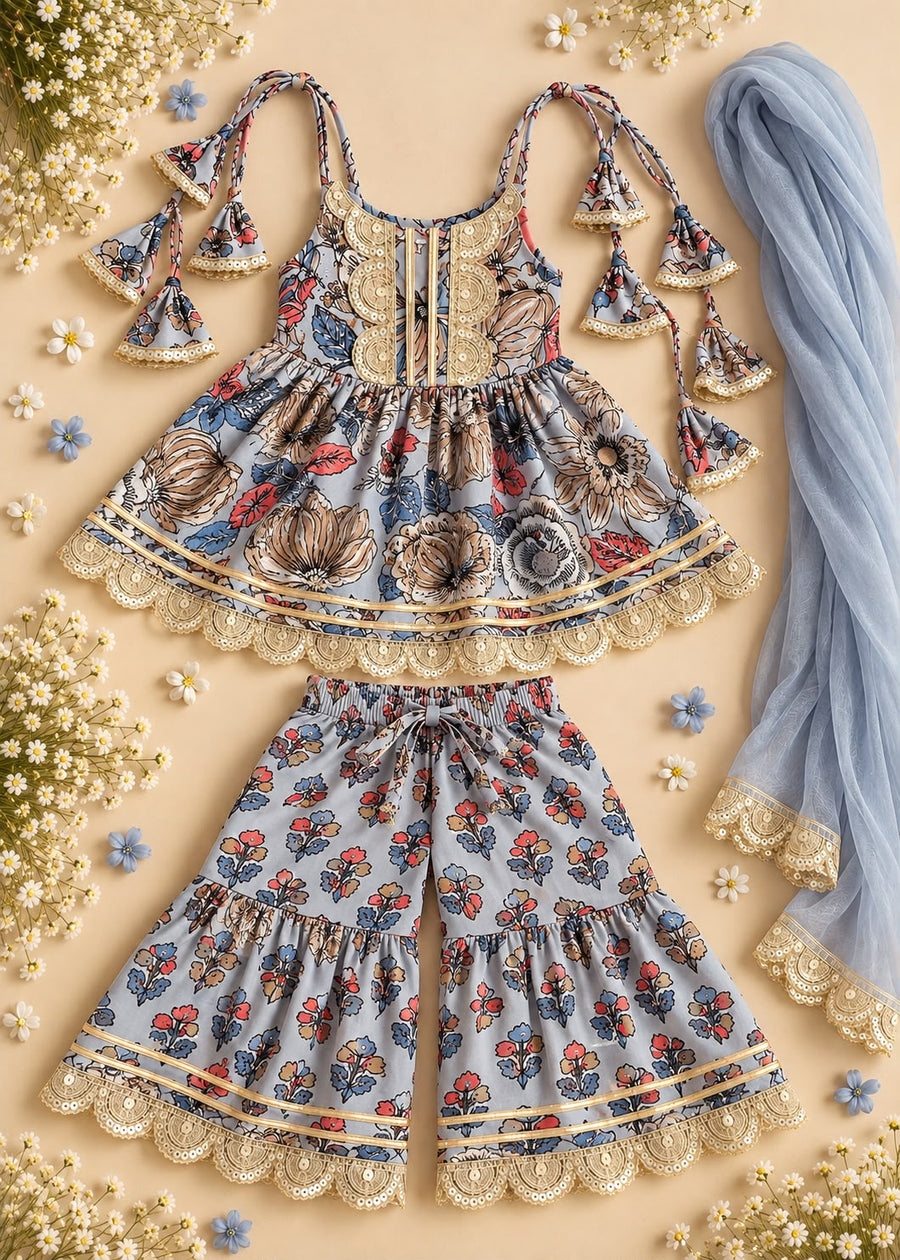 Powder Blue Floral Cotton Kurti Sharara Set with Dupatta